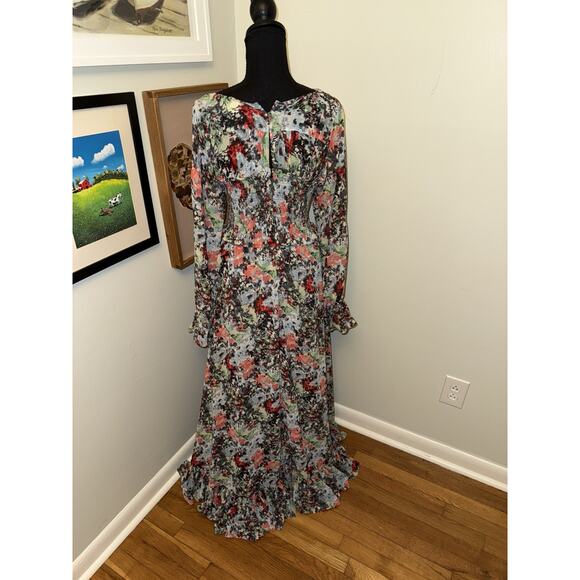 Cinq à Sept Leigh Floral Print Ruffle Maxi Dress 6 Smocked Slit Sleeve Prairie - Picture 5 of 7